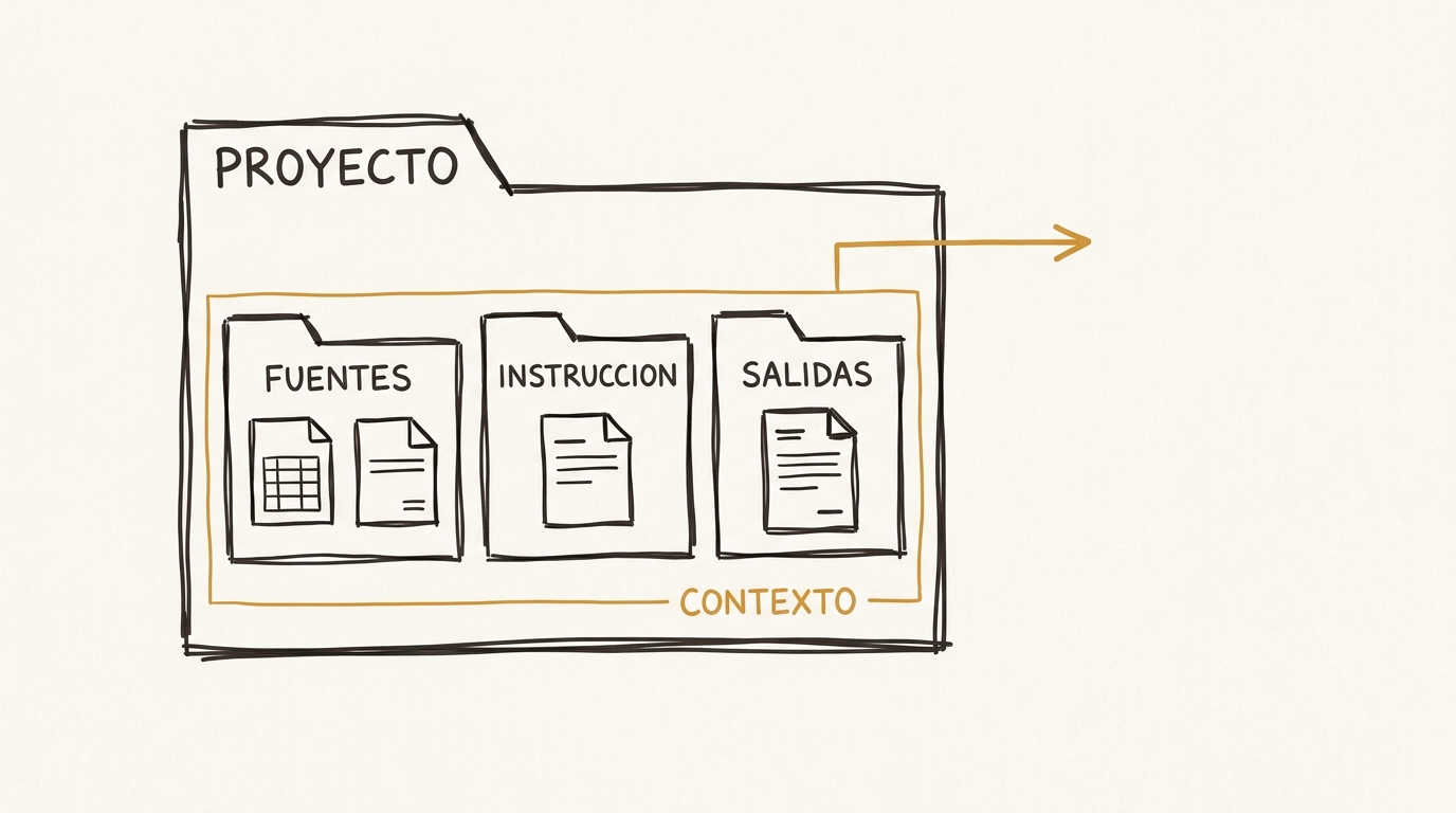 Una carpeta de proyecto reúne fuentes, instrucción y salidas