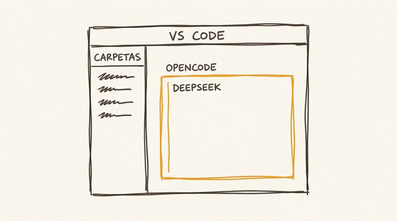 VS Code con carpetas y OpenCode con DeepSeek adentro